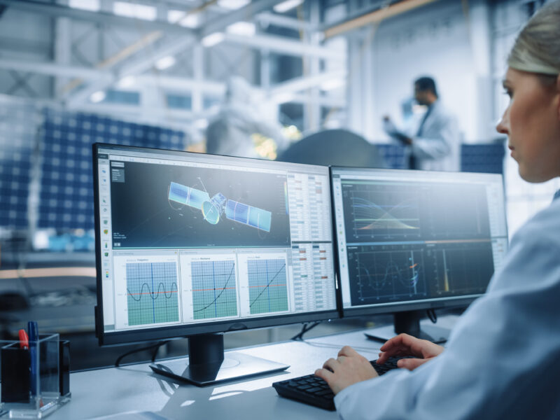 Female,Engineer,Uses,Computer,To,Analyse,Satellite,,Calculate,Orbital,Trajectory